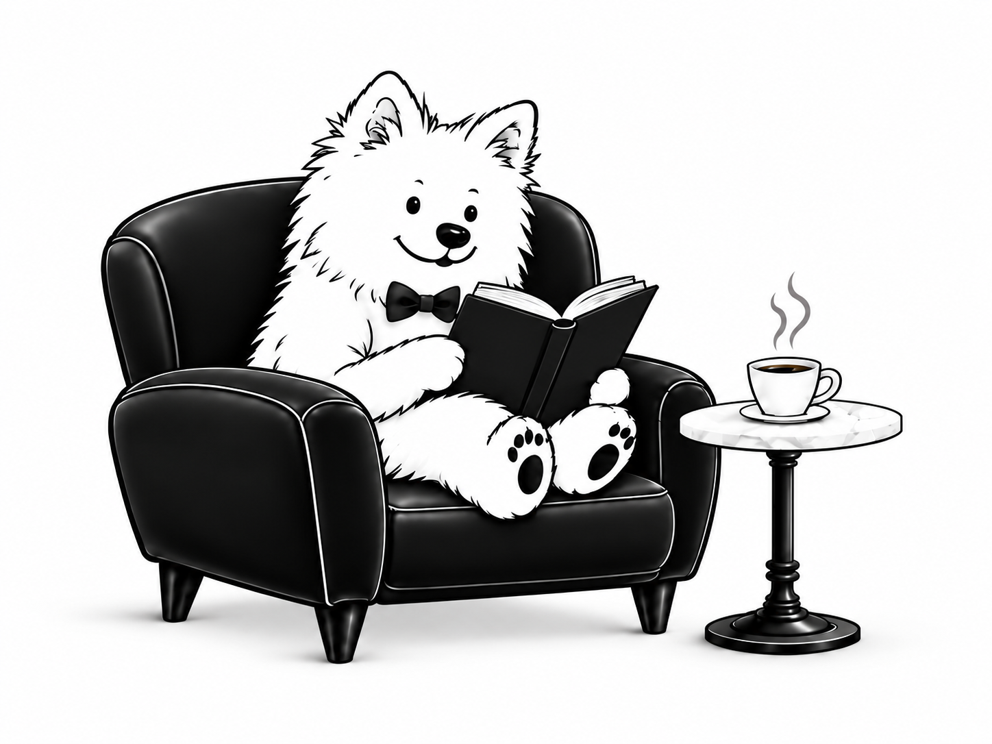 A bow-tied puppy reading in a black armchair